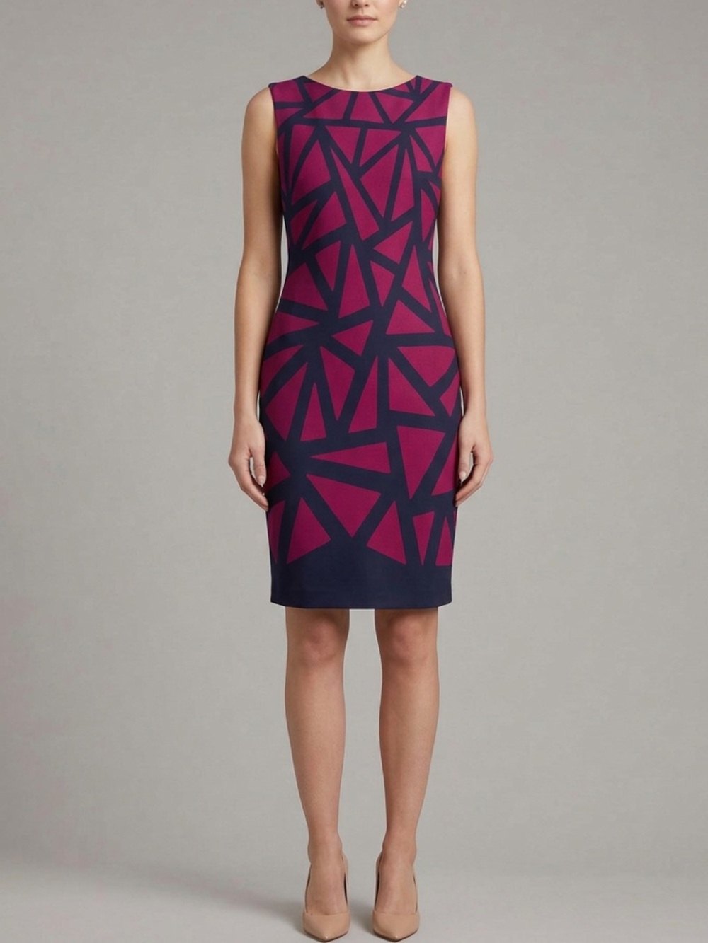 Ava Aiden Geometric Sheath Dress Berry Navy Work Office Career Midi